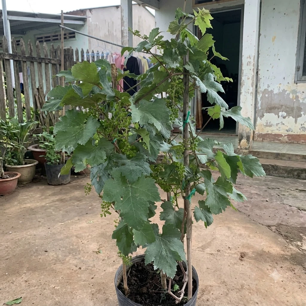 Cây nho trồng trong chậu đang mang chùm quả